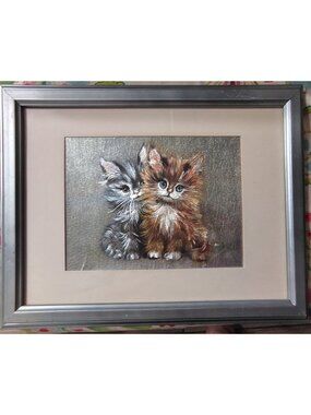 Vintage Foil Art Kitten Cat Print, Framed, Orange Gray, Kitsch 1980's, 11" x 14"